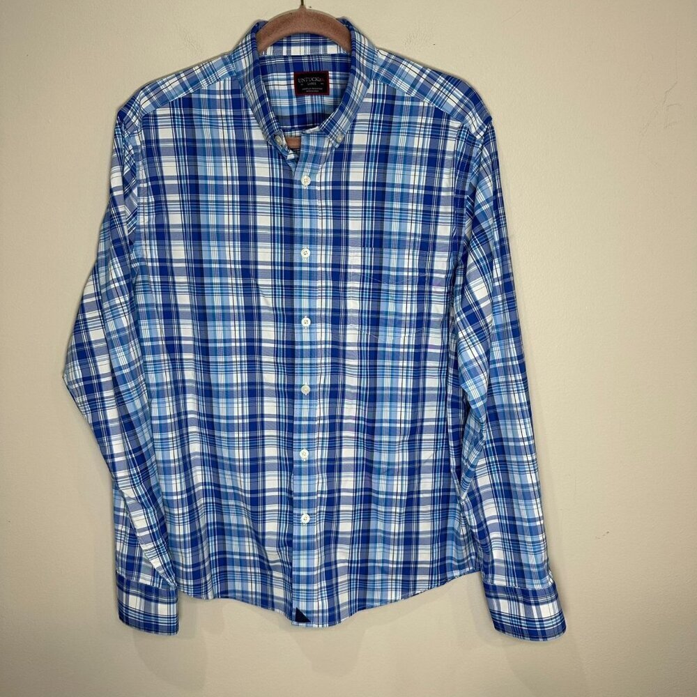 Untuckit Tramonti Shirt Men's Large Blue White Plaid Button Down Pocket
